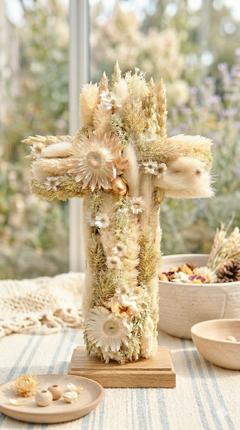 Handgefertigtes Kreuz aus Trockenblumen