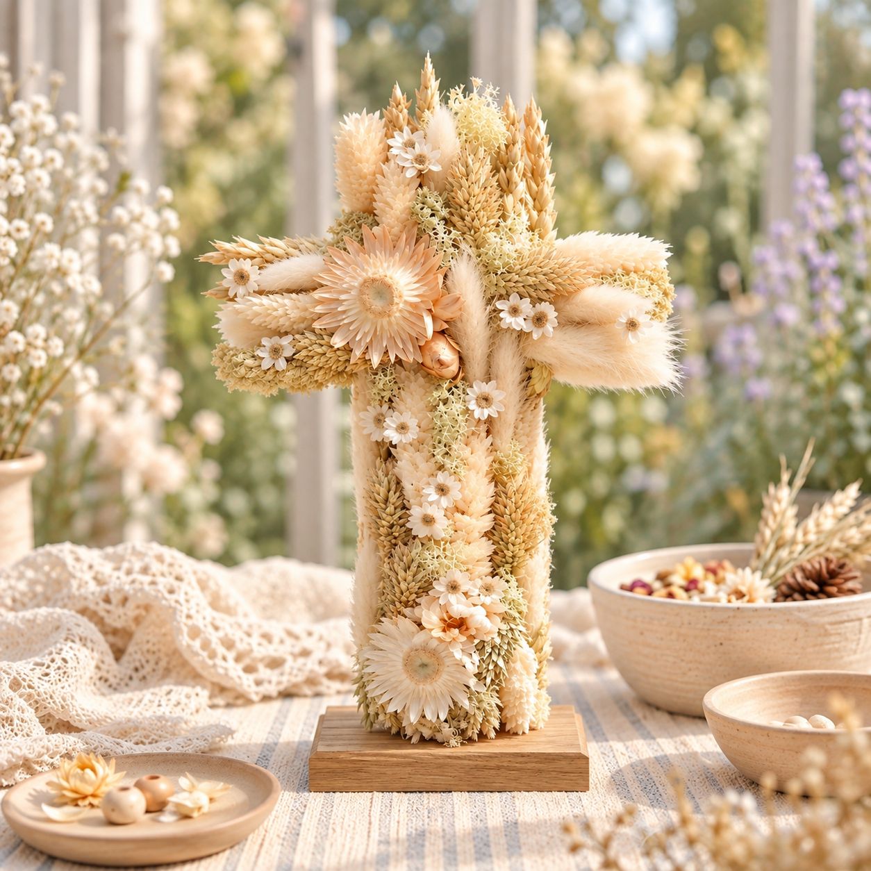 Handgefertigtes Kreuz aus Trockenblumen