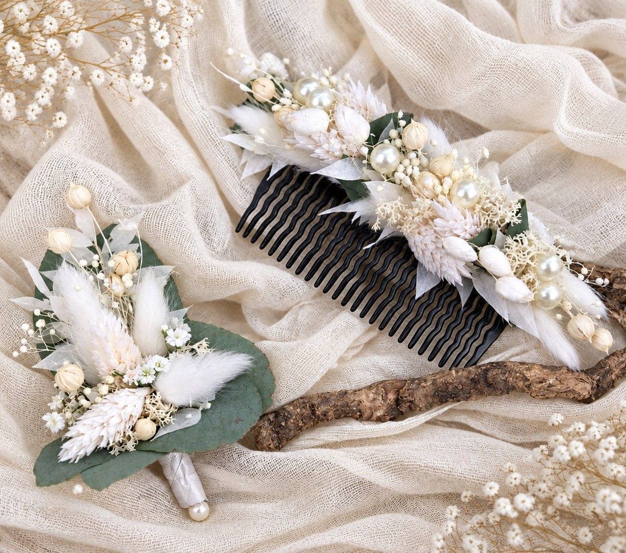 Floraler Haarschmuck und Anstecker aus Trockenblumen